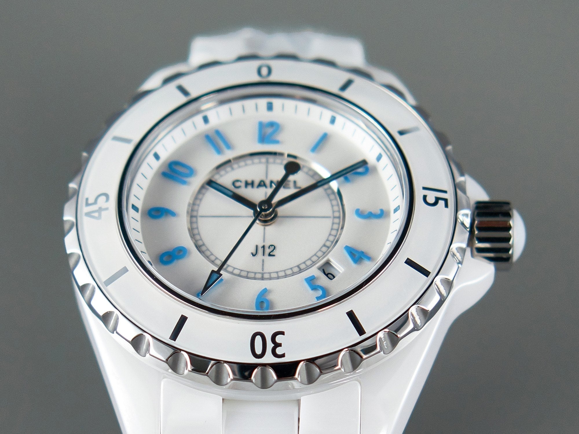 J12 Date Quartz White Ceramic Blue Numerals White Dial