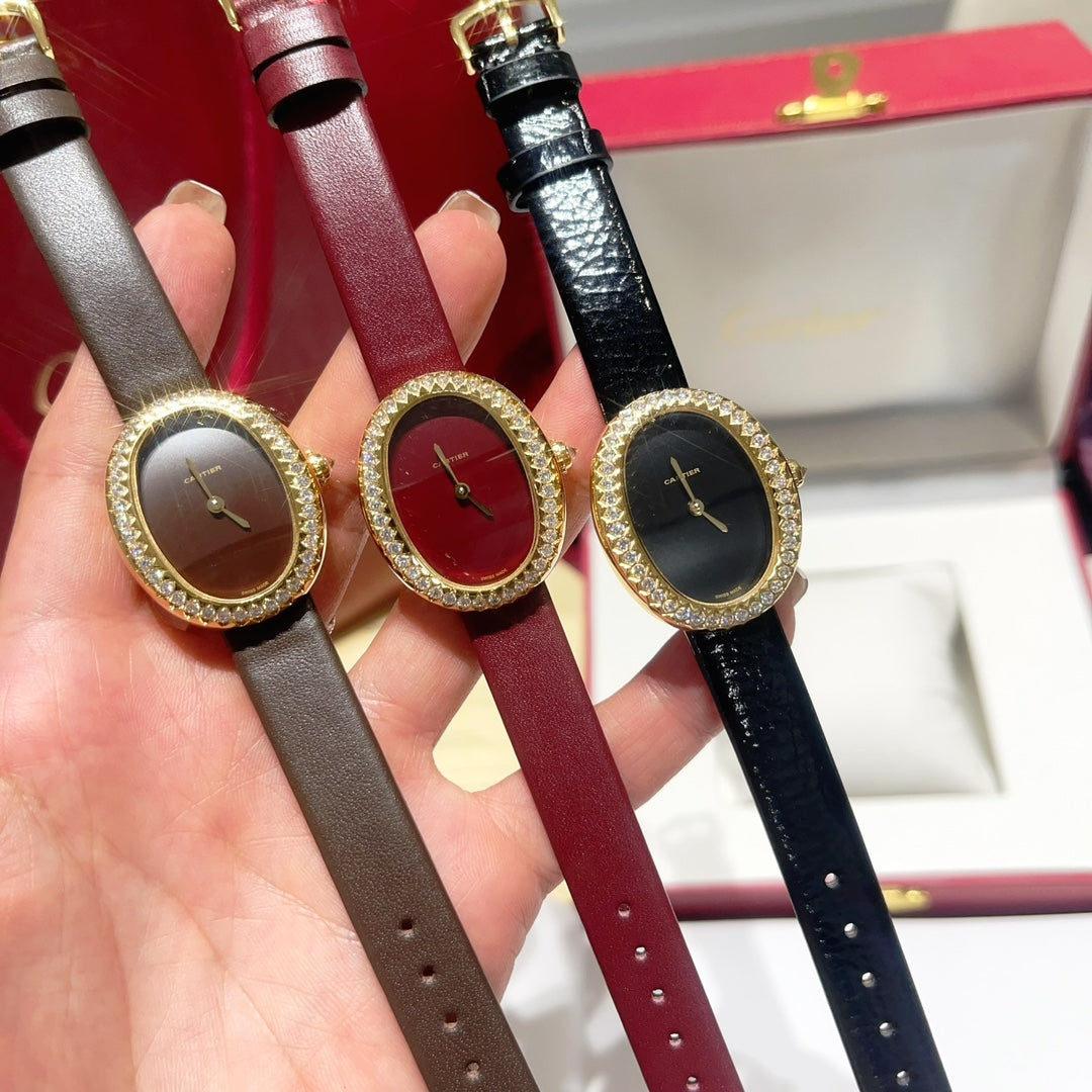 BAIGNOIRE WATCH GOLD CASE AND LEATHER STRAP WITH CRYSTALS