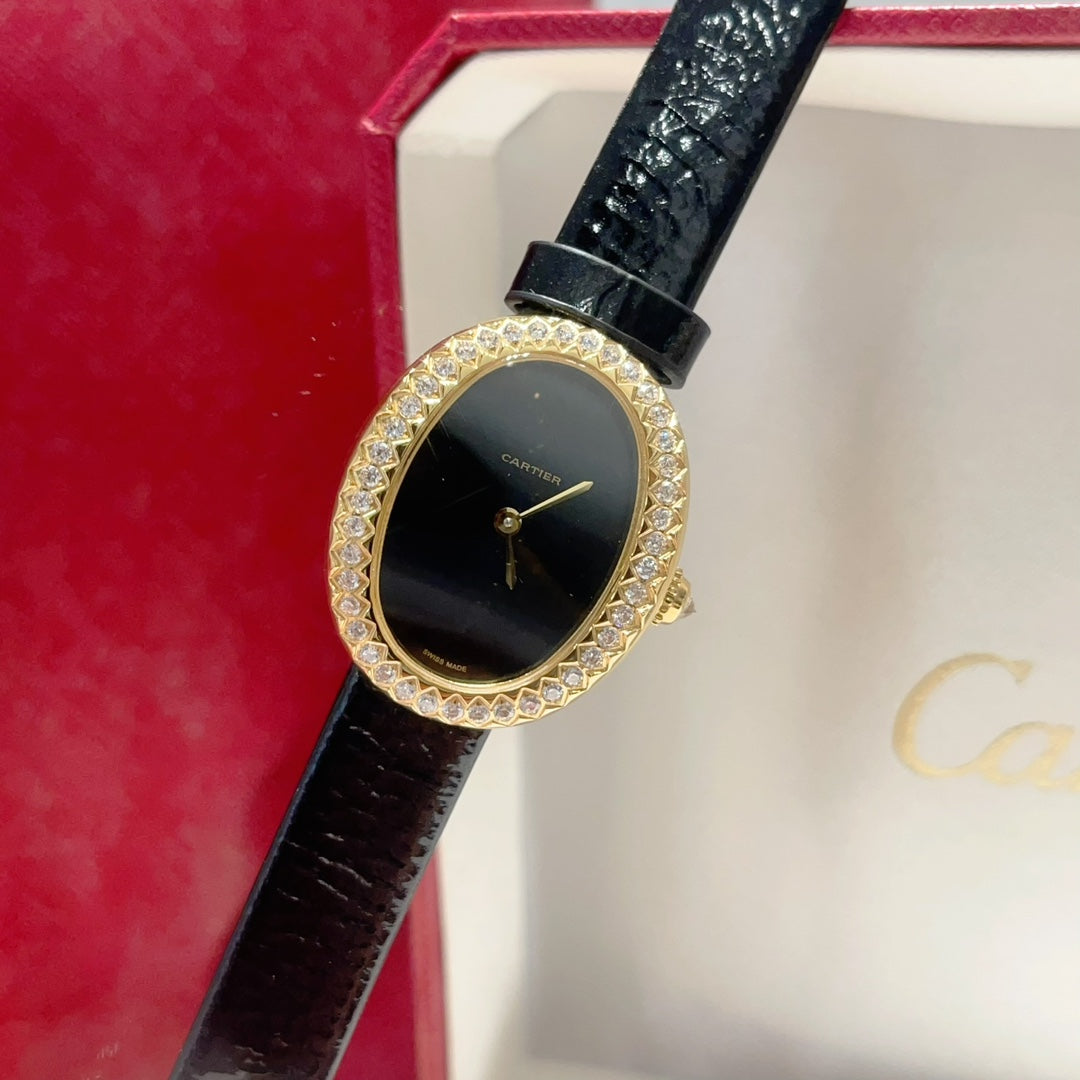 BAIGNOIRE WATCH GOLD CASE AND LEATHER STRAP WITH CRYSTALS