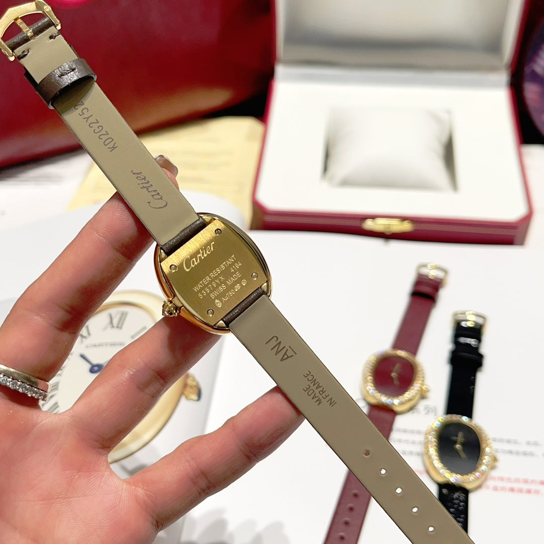 BAIGNOIRE WATCH GOLD CASE AND LEATHER STRAP WITH CRYSTALS