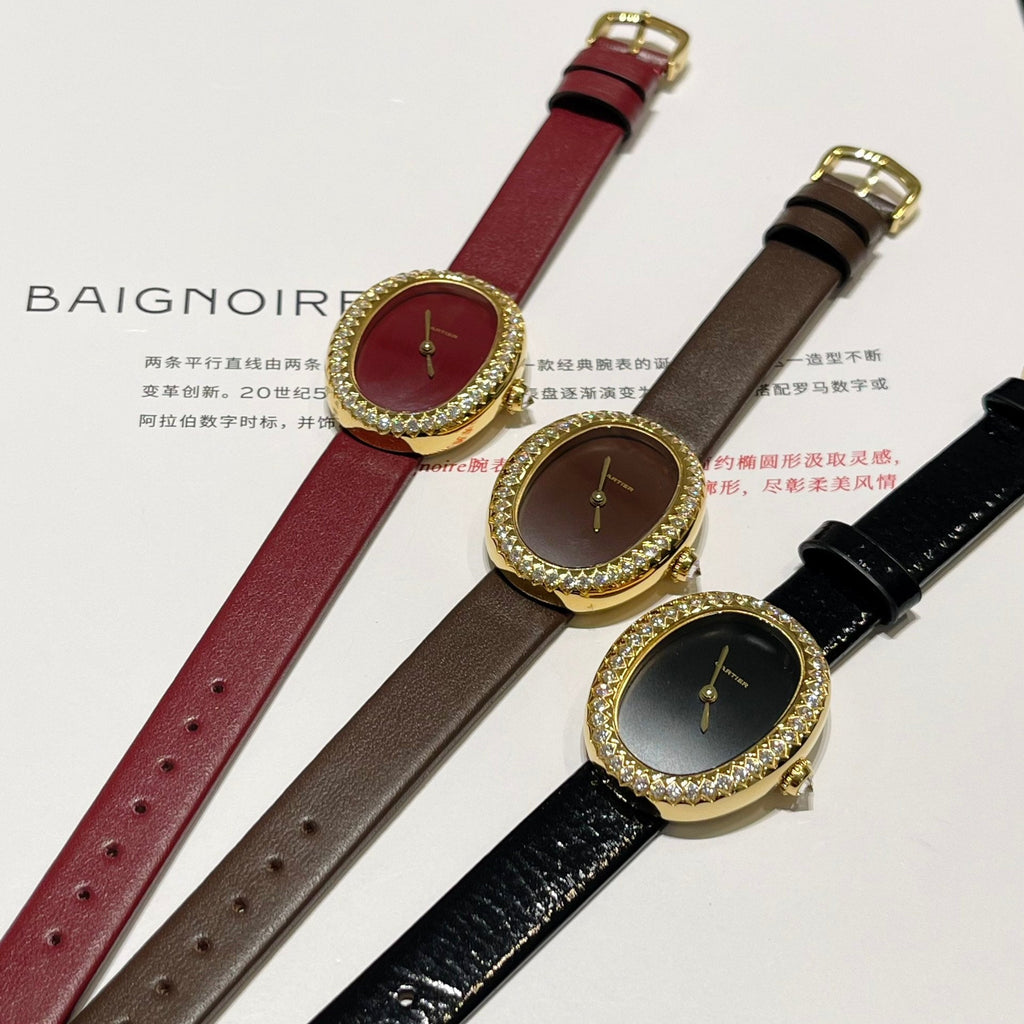 BAIGNOIRE WATCH GOLD CASE AND LEATHER STRAP WITH CRYSTALS