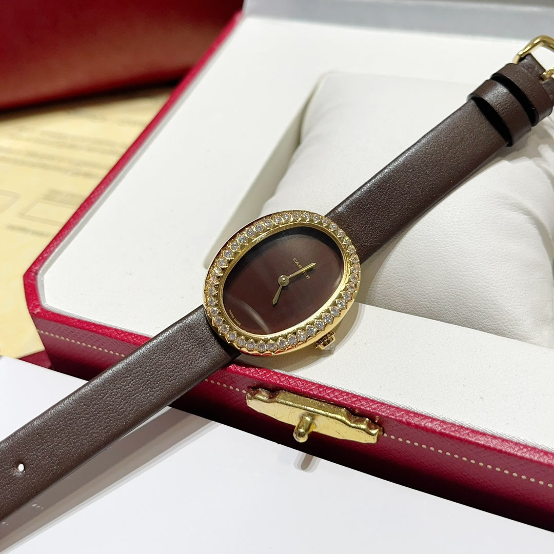 BAIGNOIRE WATCH GOLD CASE AND LEATHER STRAP WITH CRYSTALS