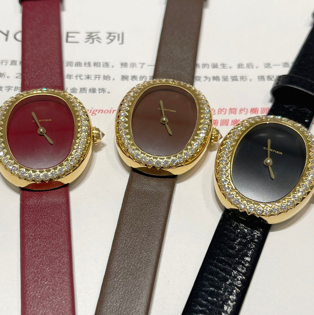 BAIGNOIRE WATCH GOLD CASE AND LEATHER STRAP WITH CRYSTALS