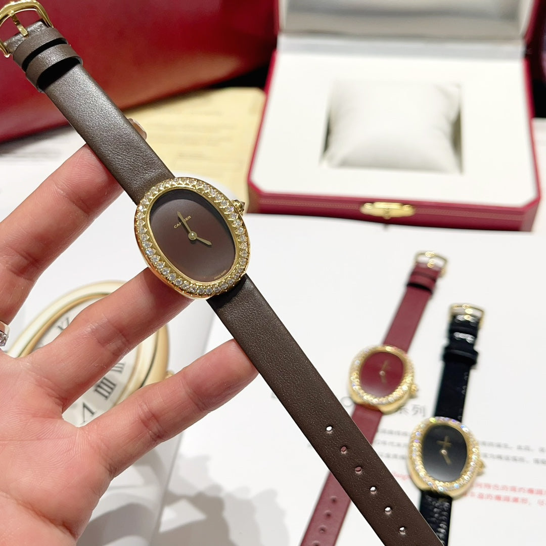 BAIGNOIRE WATCH GOLD CASE AND LEATHER STRAP WITH CRYSTALS