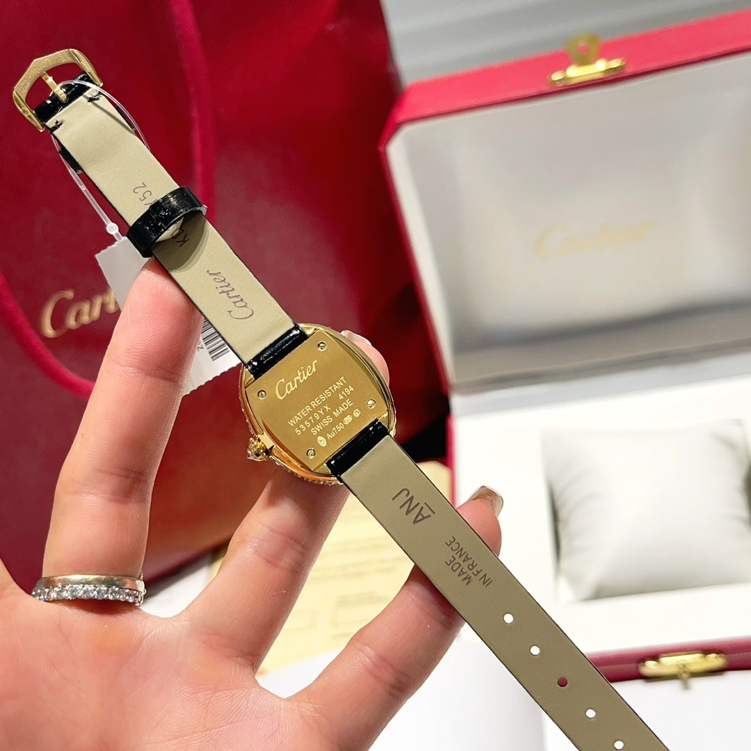 BAIGNOIRE WATCH GOLD CASE AND BLACK LEATHER STRAP WITH CRYSTAL