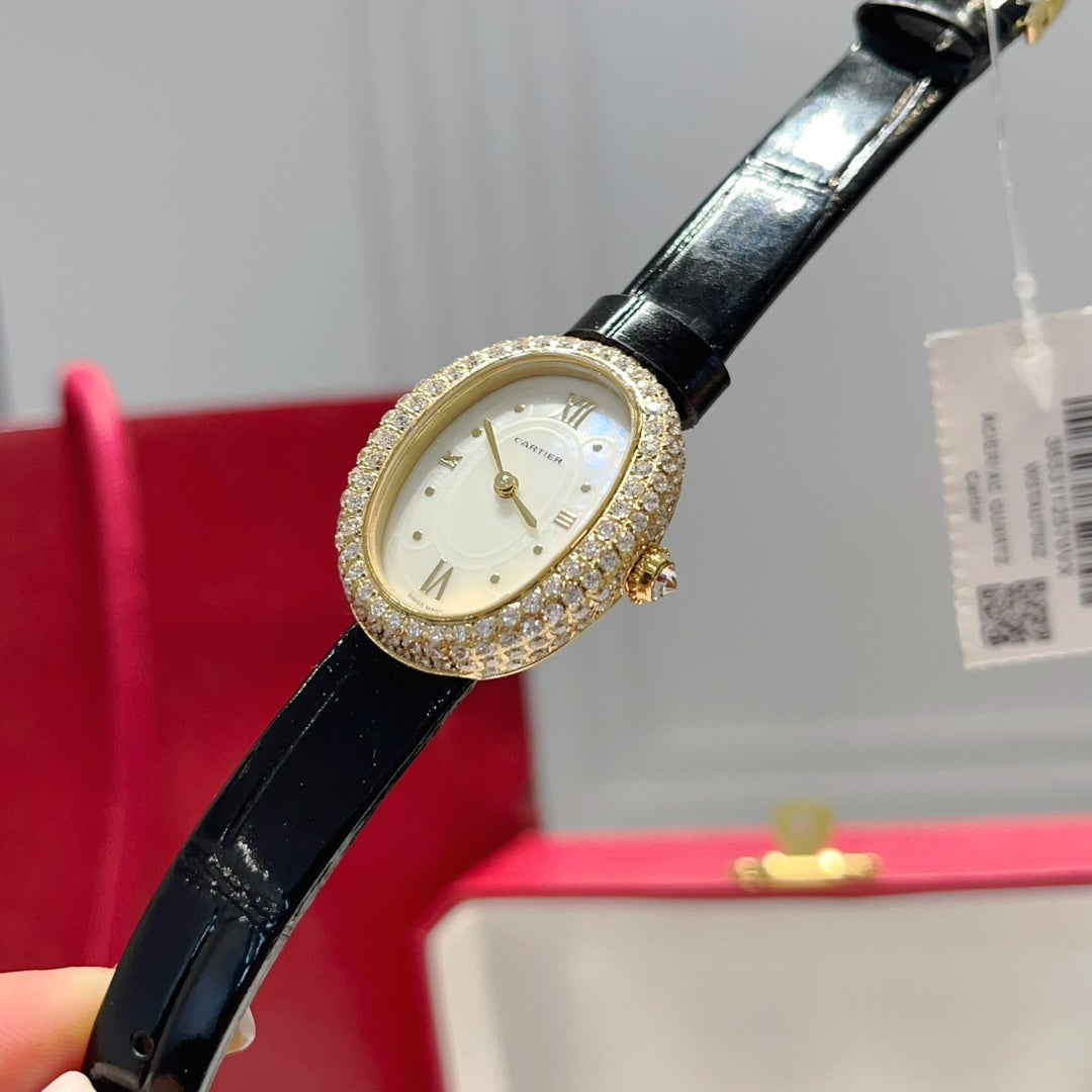 BAIGNOIRE WATCH GOLD CASE AND BLACK LEATHER STRAP WITH CRYSTAL
