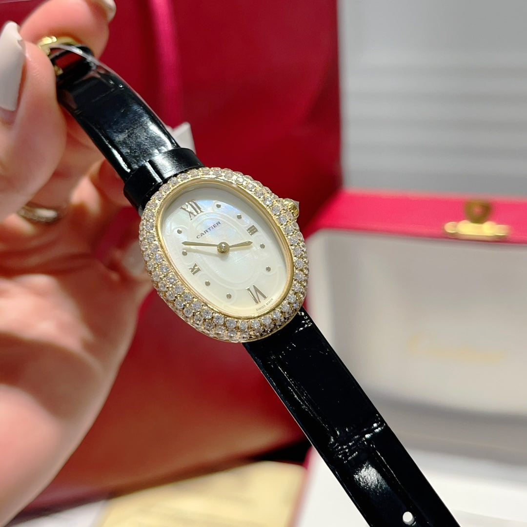 BAIGNOIRE WATCH GOLD CASE AND BLACK LEATHER STRAP WITH CRYSTAL