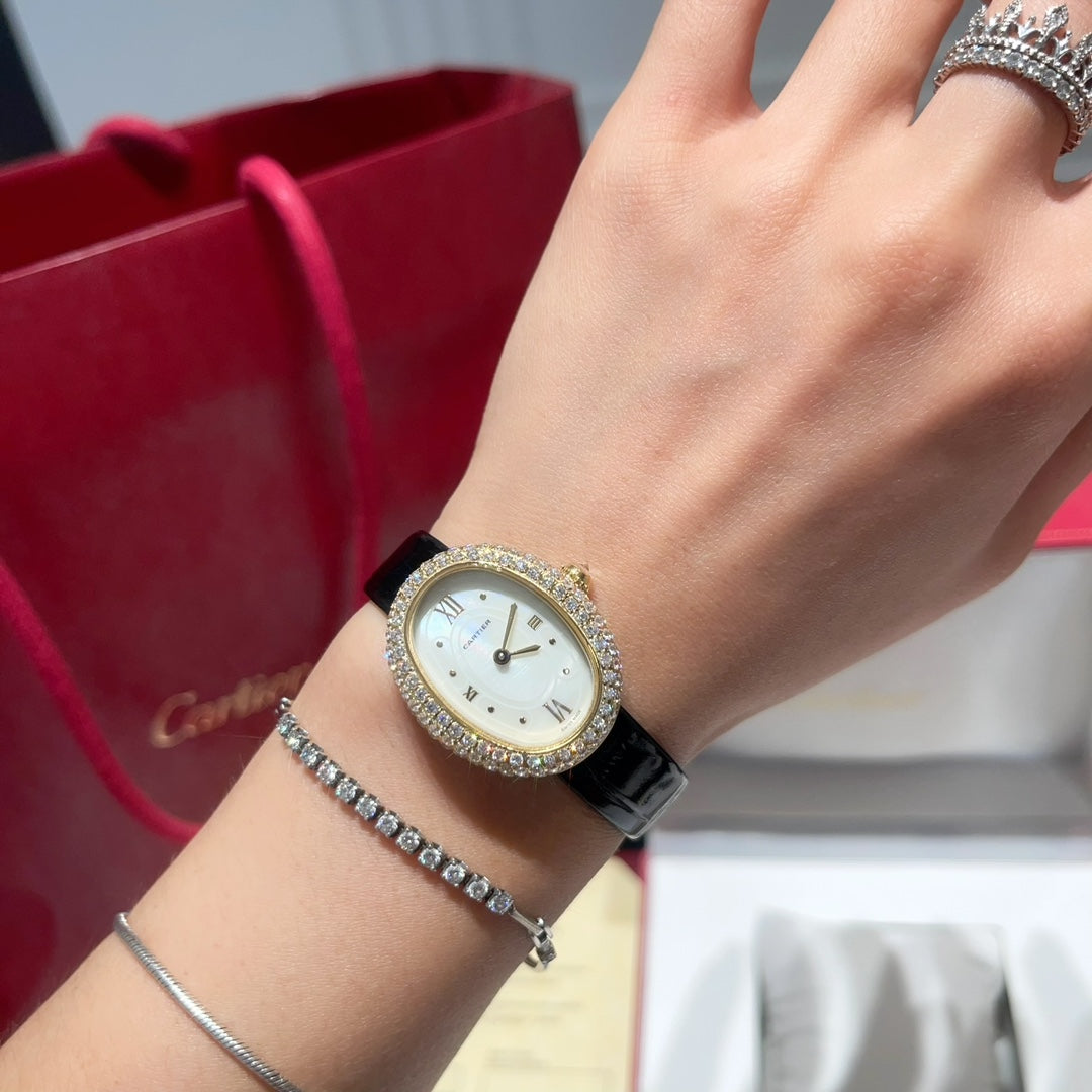 BAIGNOIRE WATCH GOLD CASE AND BLACK LEATHER STRAP WITH CRYSTAL