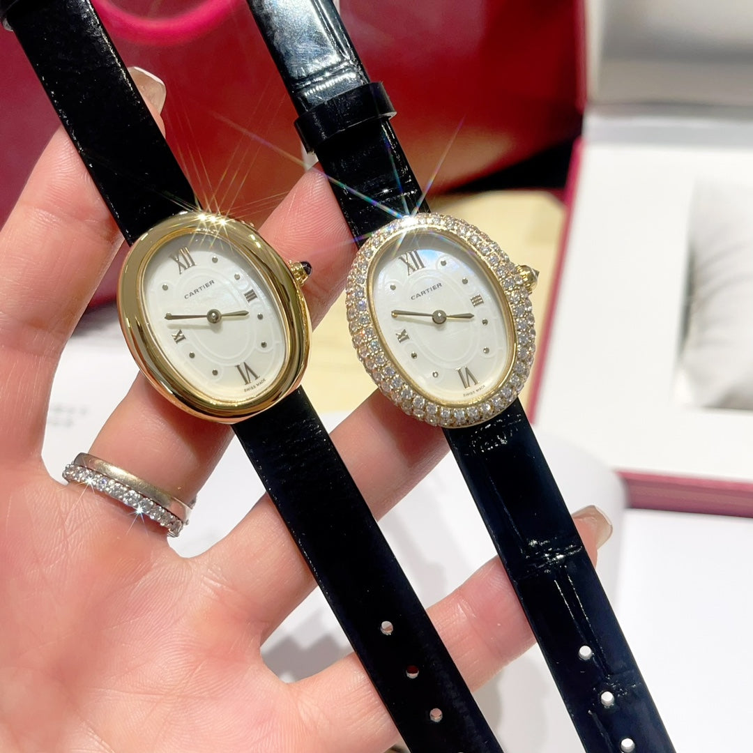BAIGNOIRE WATCH GOLD CASE AND BLACK LEATHER STRAP WITH CRYSTAL