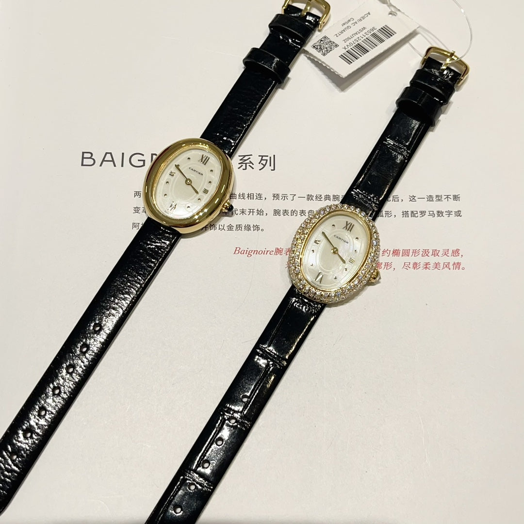 BAIGNOIRE WATCH GOLD CASE AND BLACK LEATHER STRAP WITH CRYSTAL