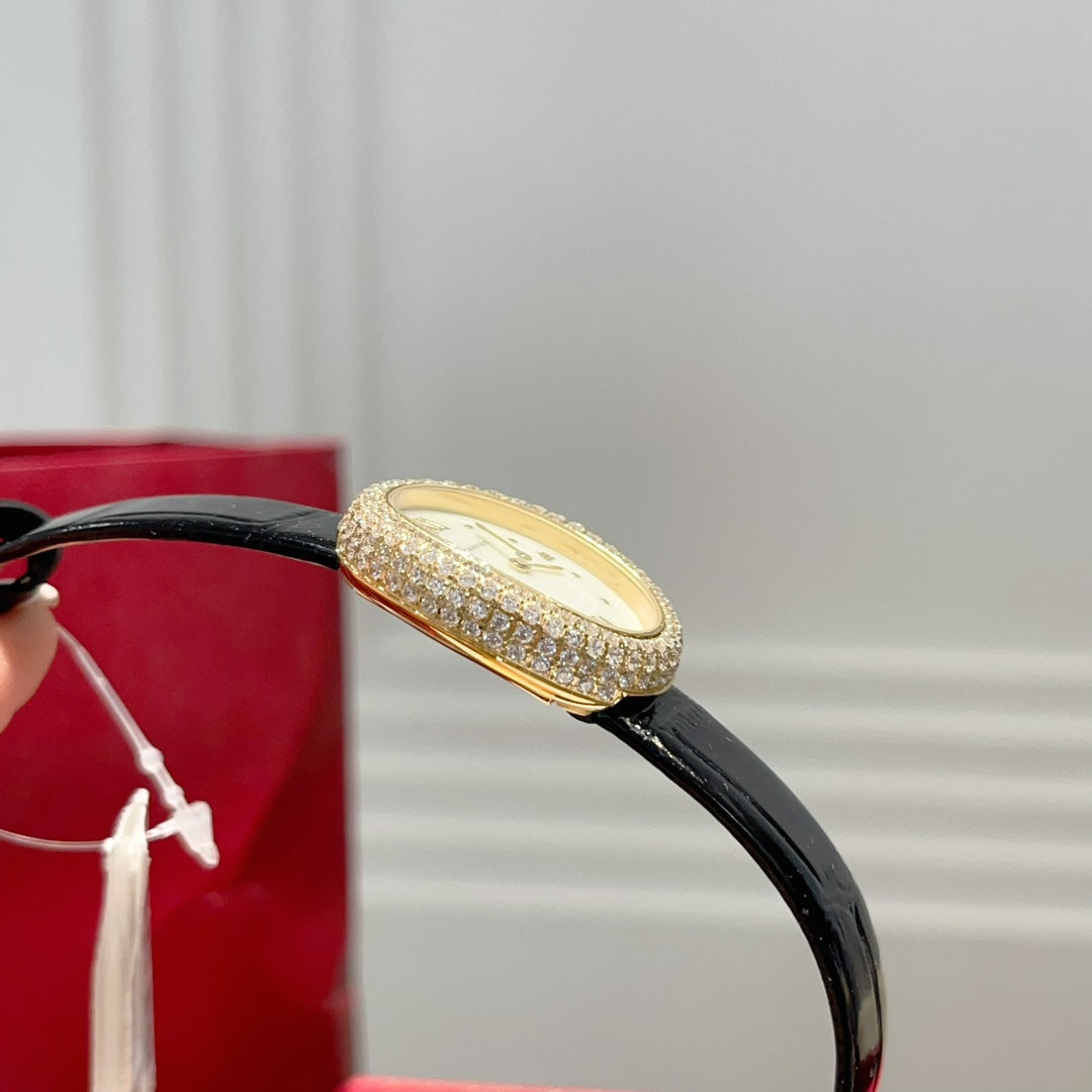 BAIGNOIRE WATCH GOLD CASE AND BLACK LEATHER STRAP WITH CRYSTAL