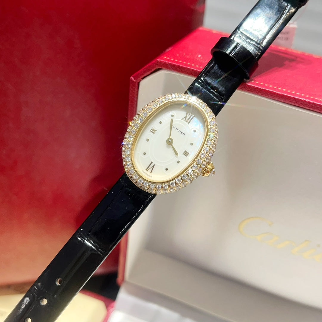 BAIGNOIRE WATCH GOLD CASE AND BLACK LEATHER STRAP WITH CRYSTAL