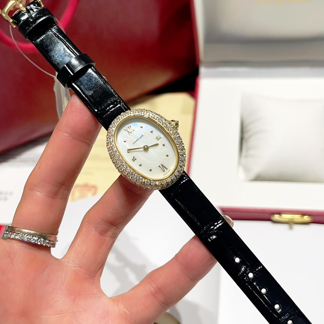 BAIGNOIRE WATCH GOLD CASE AND BLACK LEATHER STRAP WITH CRYSTAL