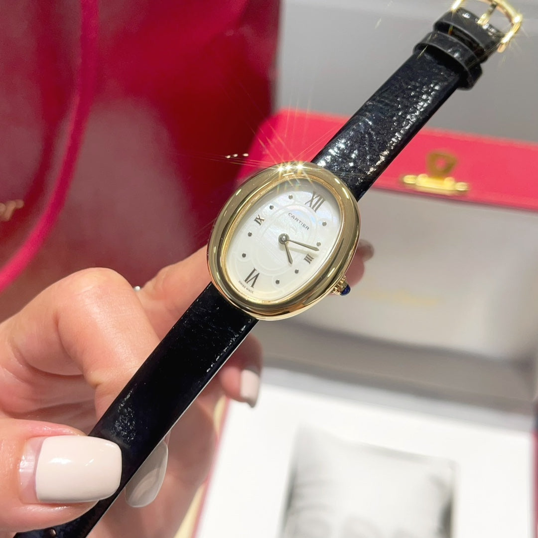 BAIGNOIRE WATCH GOLD CASE AND BLACK LEATHER STRAP