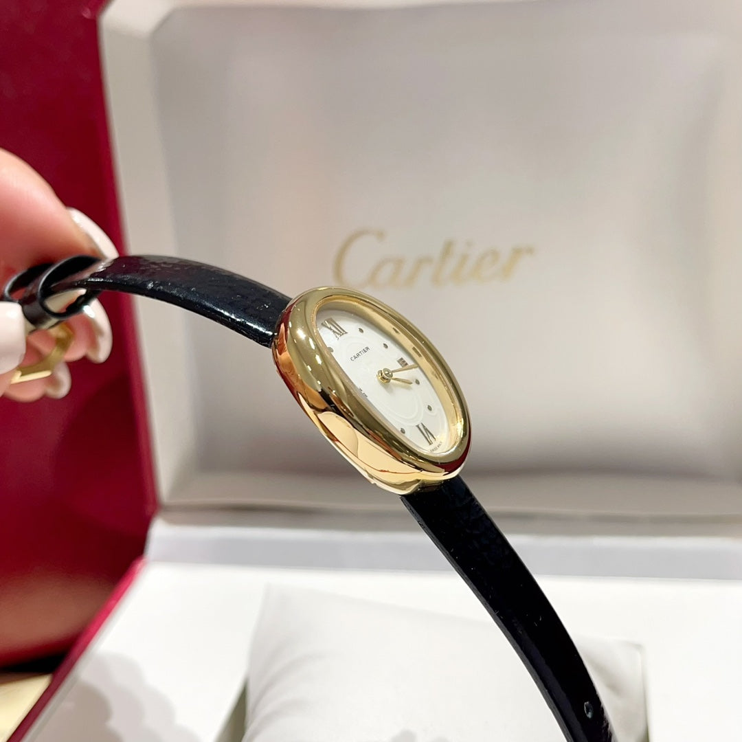BAIGNOIRE WATCH GOLD CASE AND BLACK LEATHER STRAP