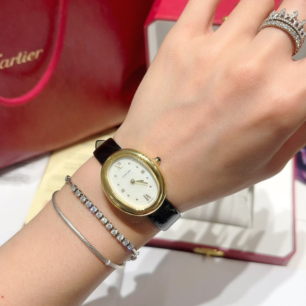 BAIGNOIRE WATCH GOLD CASE AND BLACK LEATHER STRAP