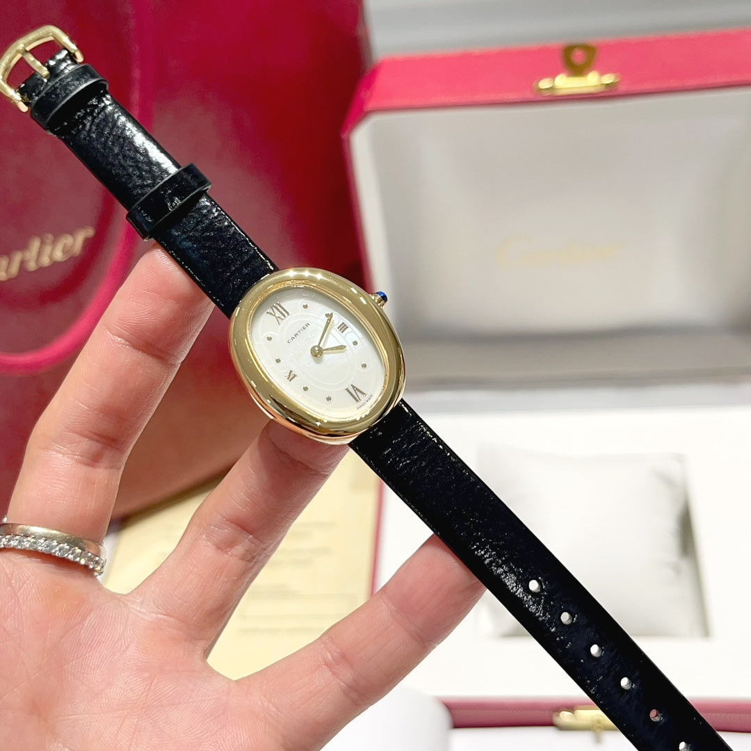 BAIGNOIRE WATCH GOLD CASE AND BLACK LEATHER STRAP