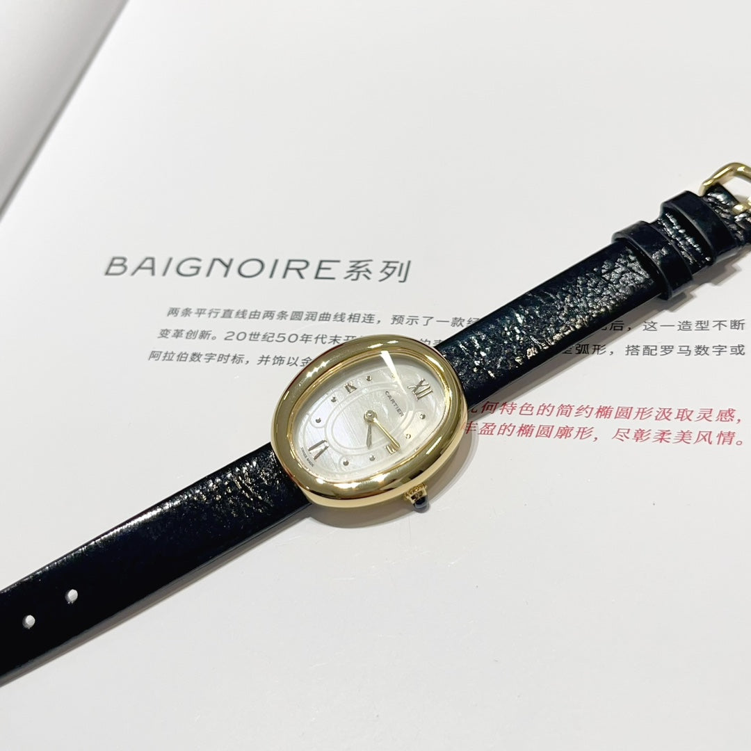 BAIGNOIRE WATCH GOLD CASE AND BLACK LEATHER STRAP