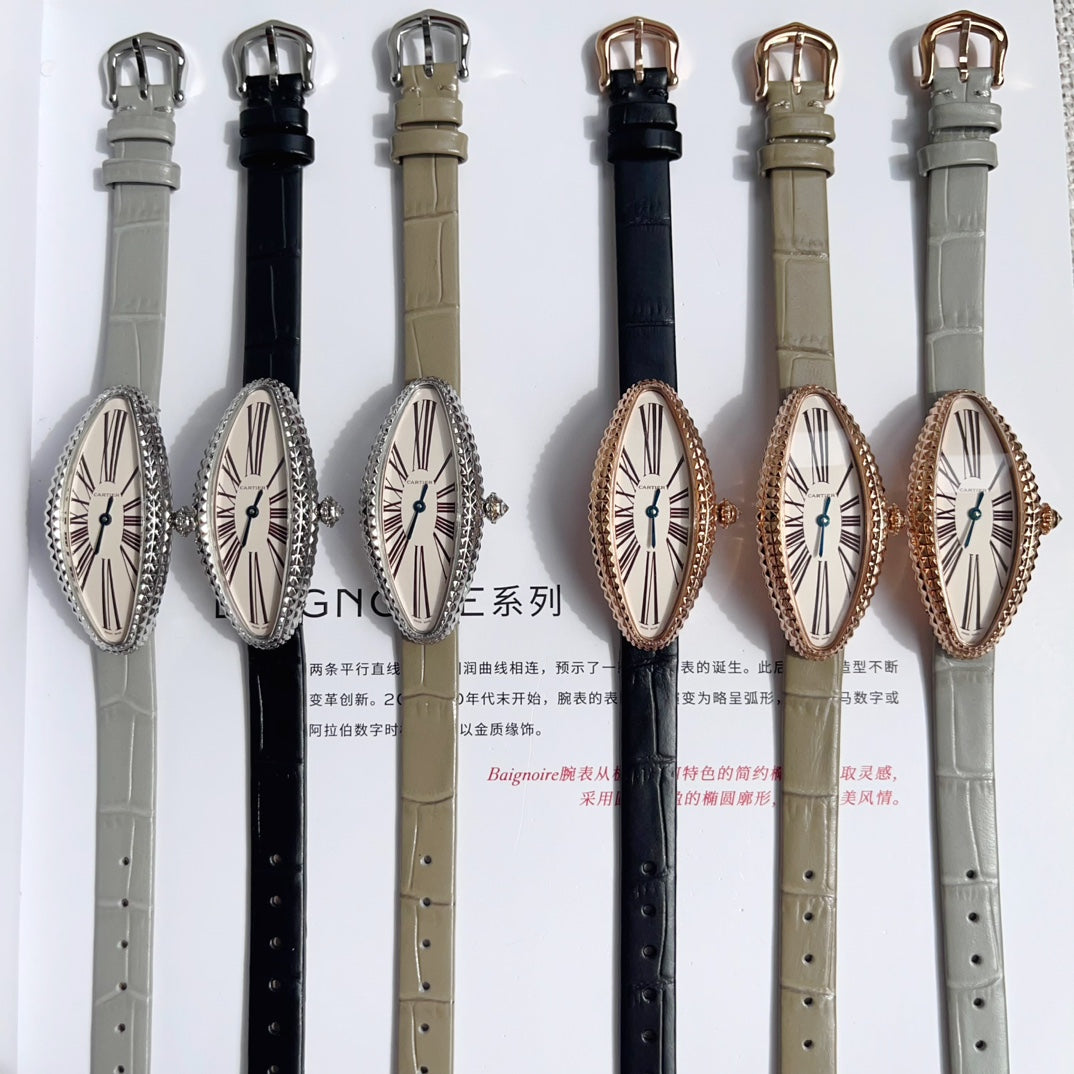 BAIGNOIRE ALLONG¨¦E WATCH ROSE GOLD CASE WITH PASTEL GRAY LEATHER STRAP