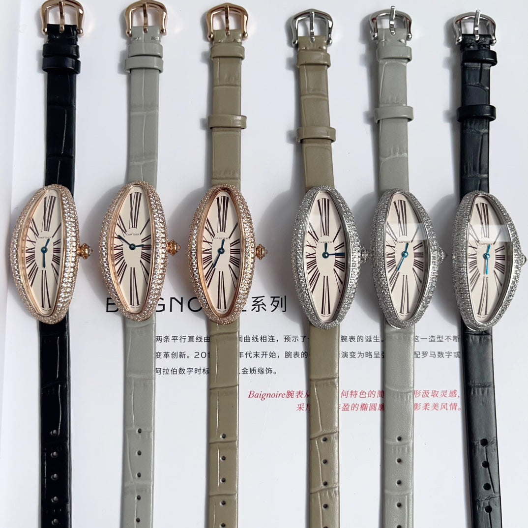 BAIGNOIRE ALLONG¨¦E WATCH ROSE GOLD CASE WITH PASTEL GRAY LEATHER STRAP