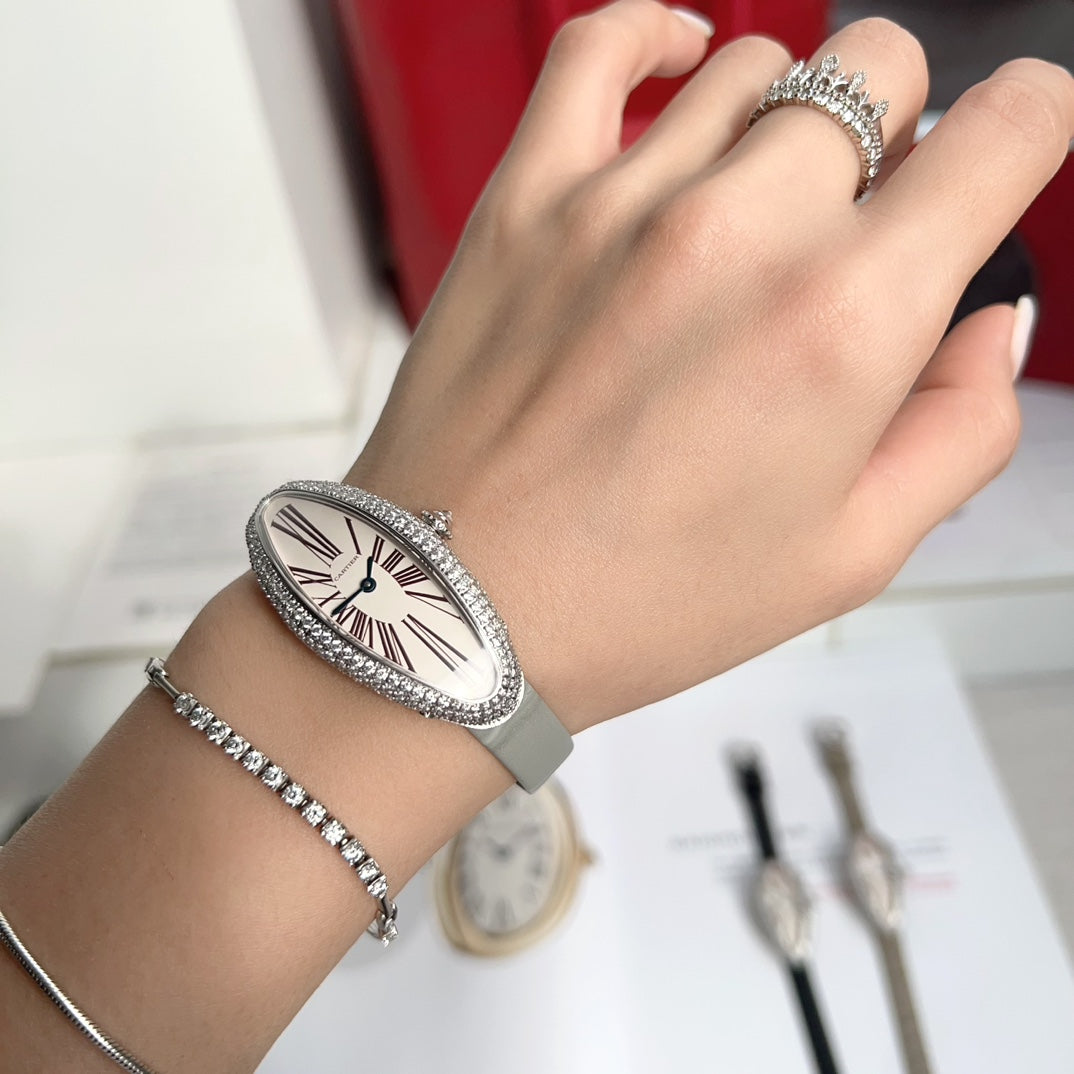 BAIGNOIRE ALLONG¨¦E WATCH ROSE GOLD CASE WITH PASTEL GRAY LEATHER STRAP