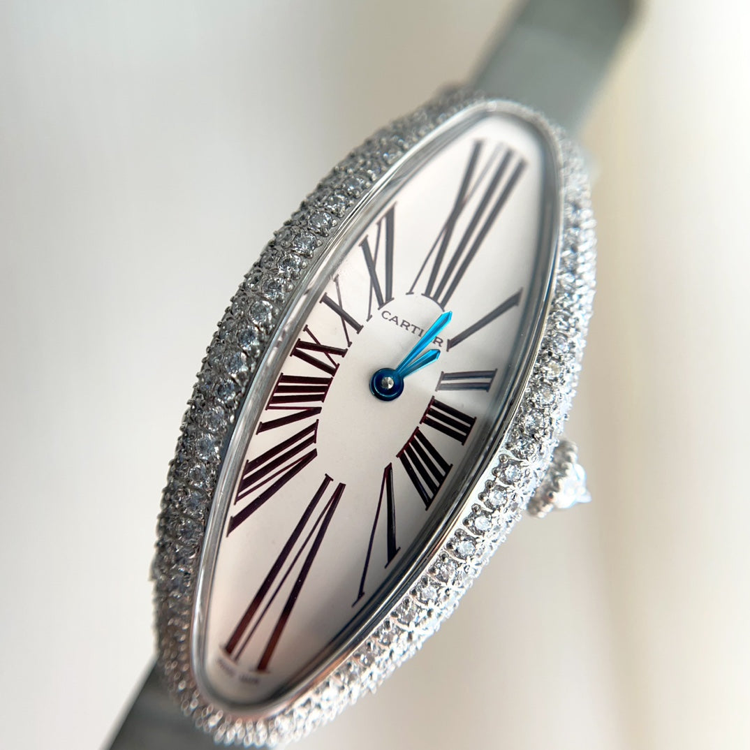 BAIGNOIRE ALLONG¨¦E WATCH ROSE GOLD CASE WITH PASTEL GRAY LEATHER STRAP