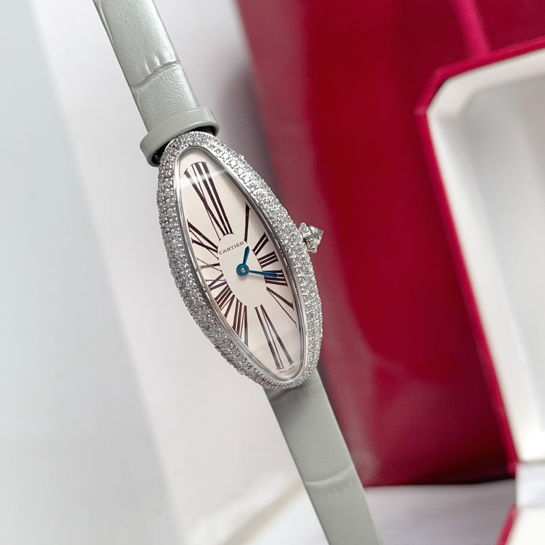 BAIGNOIRE ALLONG¨¦E WATCH ROSE GOLD CASE WITH PASTEL GRAY LEATHER STRAP