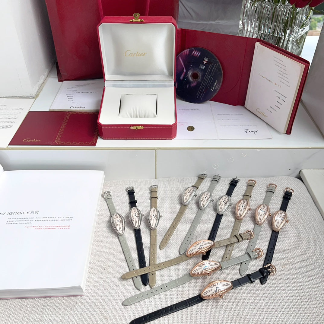 BAIGNOIRE ALLONG¨¦E WATCH ROSE GOLD CASE WITH PASTEL GRAY LEATHER STRAP