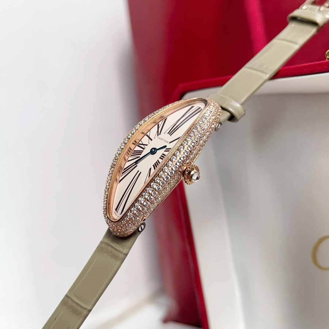 BAIGNOIRE ALLONG¨¦E WATCH ROSE GOLD CASE WITH WARM GRAY LEATHER STRAP