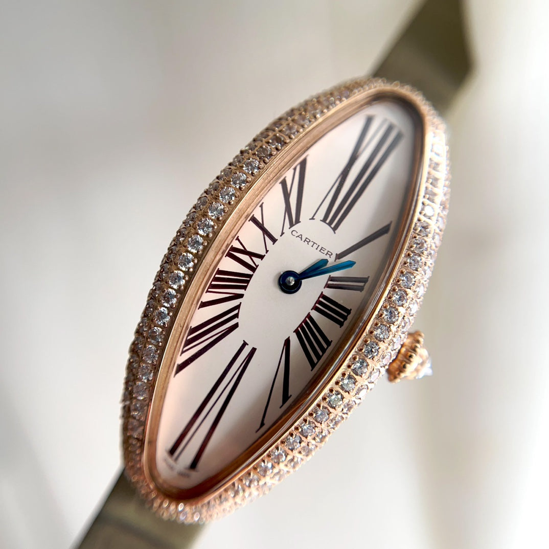 BAIGNOIRE ALLONG¨¦E WATCH ROSE GOLD CASE WITH WARM GRAY LEATHER STRAP