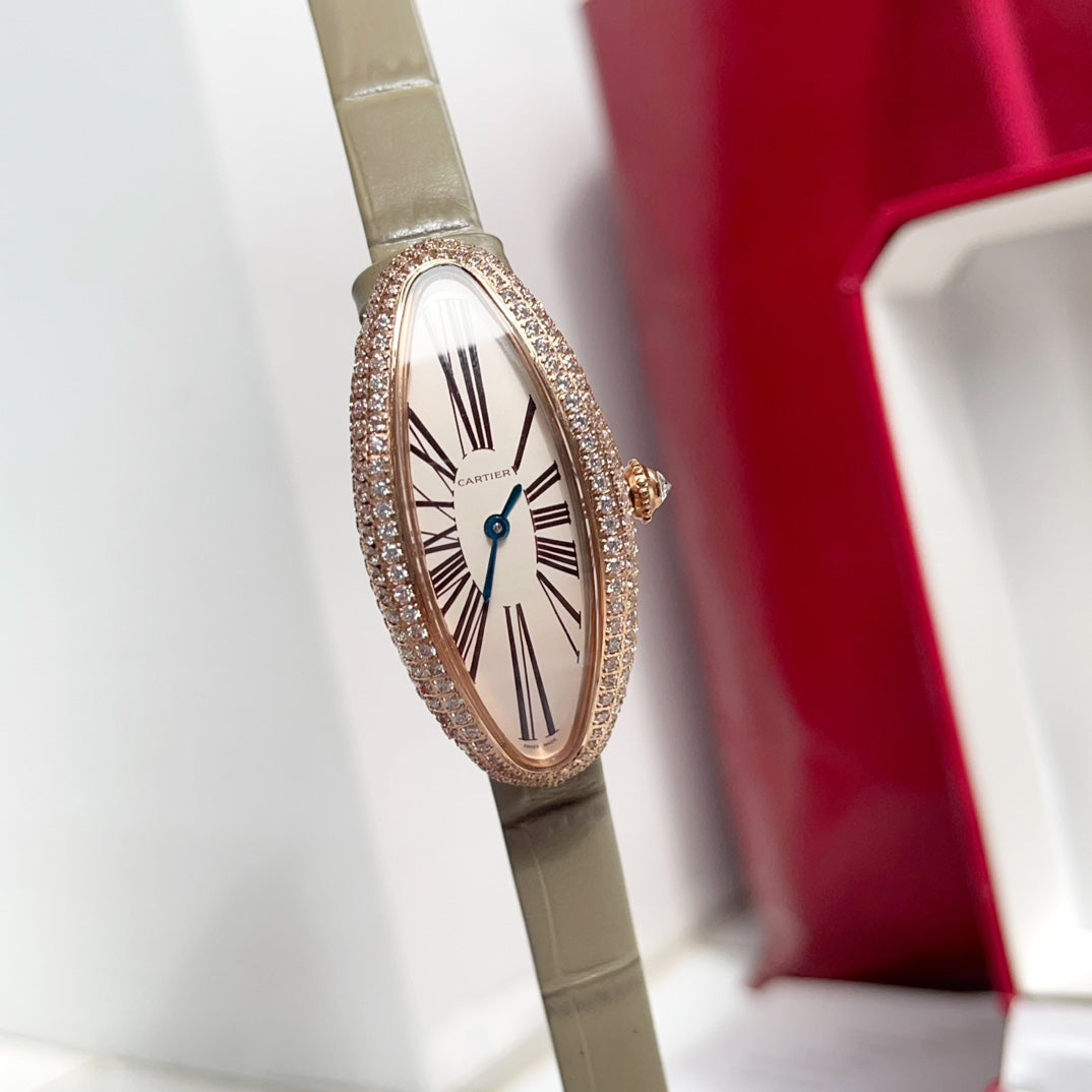 BAIGNOIRE ALLONG¨¦E WATCH ROSE GOLD CASE WITH WARM GRAY LEATHER STRAP