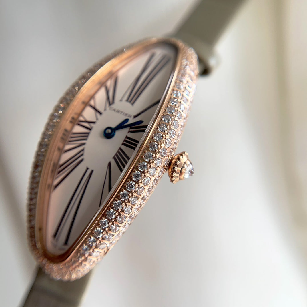 BAIGNOIRE ALLONG¨¦E WATCH ROSE GOLD CASE WITH WARM GRAY LEATHER STRAP