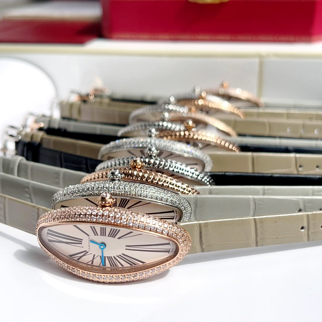 BAIGNOIRE ALLONG¨¦E WATCH ROSE GOLD CASE WITH WARM GRAY LEATHER STRAP