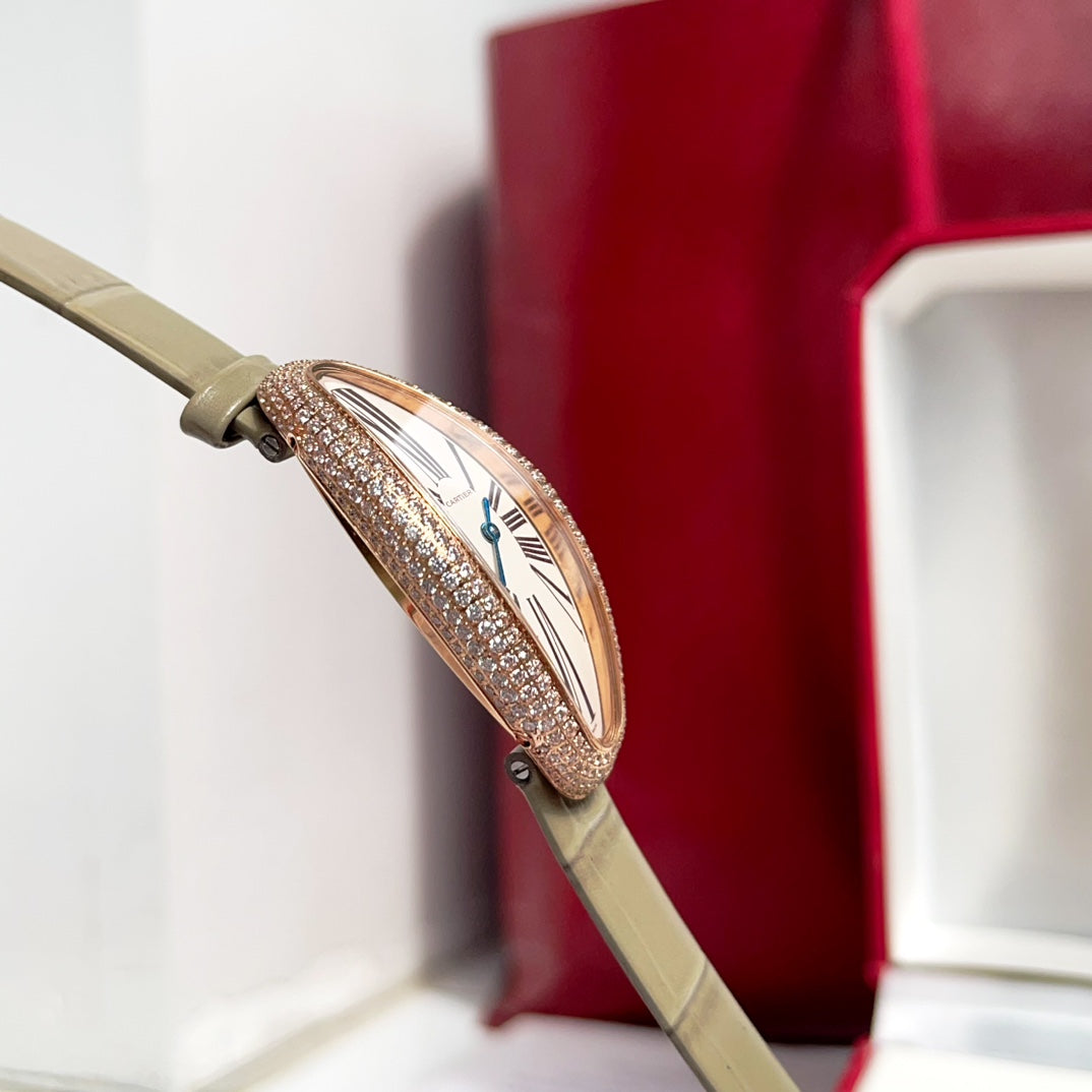 BAIGNOIRE ALLONG¨¦E WATCH ROSE GOLD CASE WITH WARM GRAY LEATHER STRAP