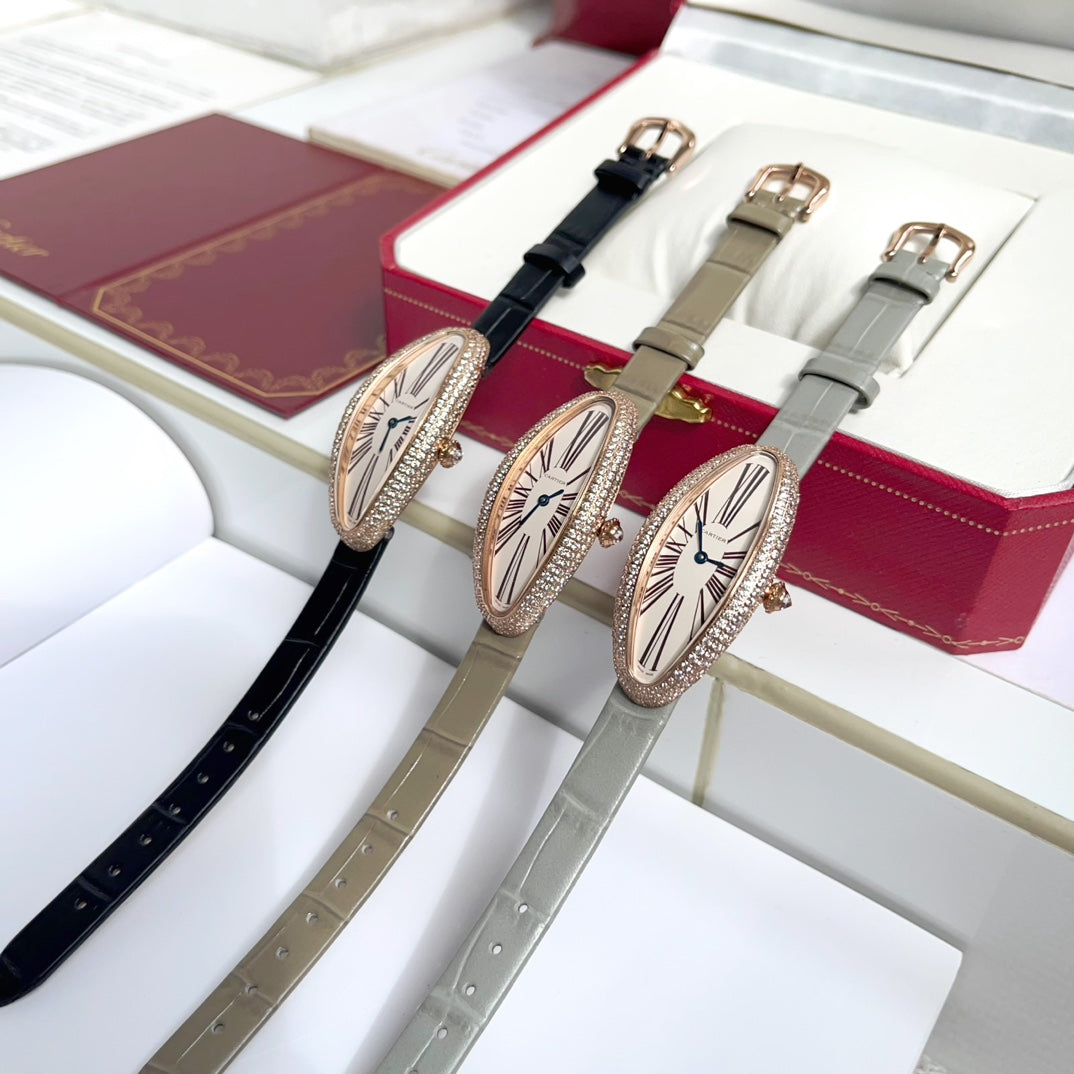 BAIGNOIRE ALLONG¨¦E WATCH ROSE GOLD CASE WITH WARM GRAY LEATHER STRAP