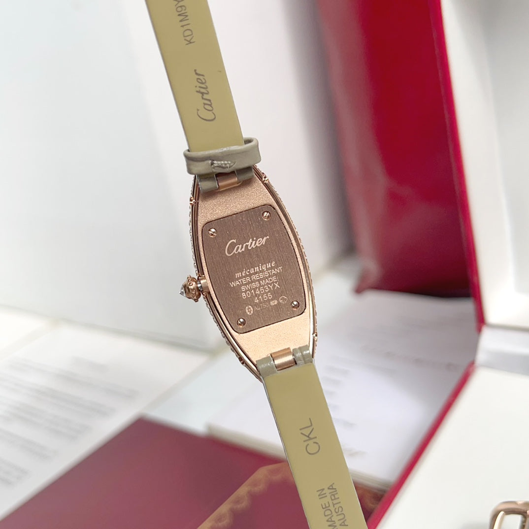 BAIGNOIRE ALLONG¨¦E WATCH ROSE GOLD CASE WITH WARM GRAY LEATHER STRAP