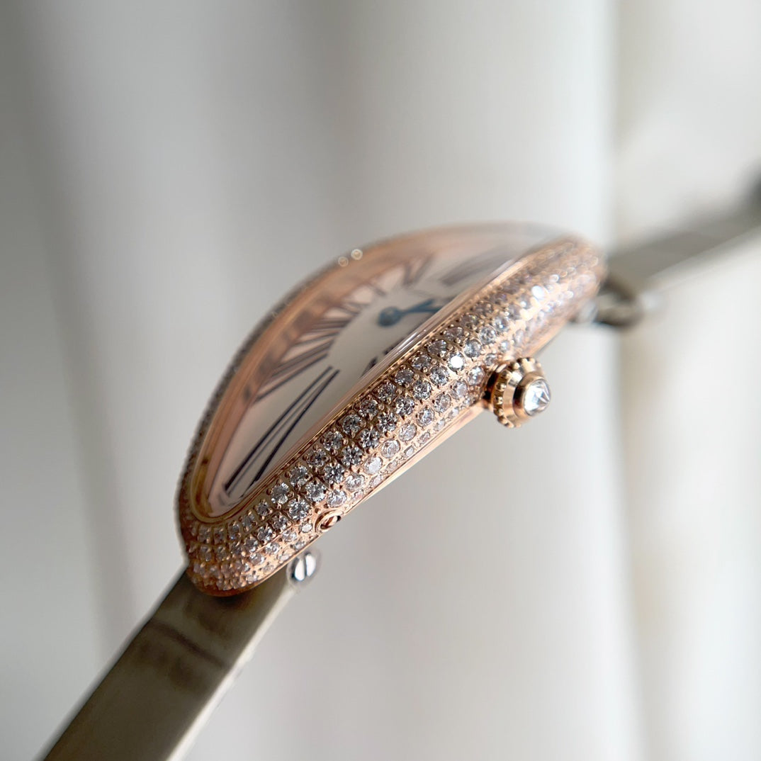 BAIGNOIRE ALLONG¨¦E WATCH ROSE GOLD CASE WITH WARM GRAY LEATHER STRAP