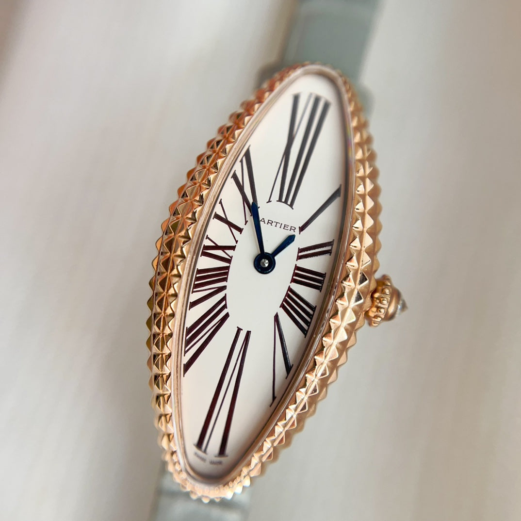 BAIGNOIRE ALLONG¨¦E WATCH ROSE GOLD CASE WITH ASH GRAY LEATHER STRAP