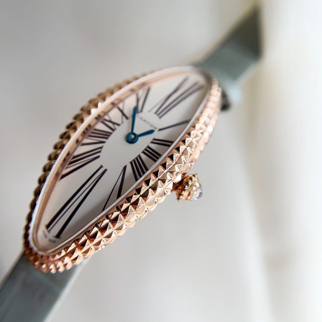 BAIGNOIRE ALLONG¨¦E WATCH ROSE GOLD CASE WITH ASH GRAY LEATHER STRAP