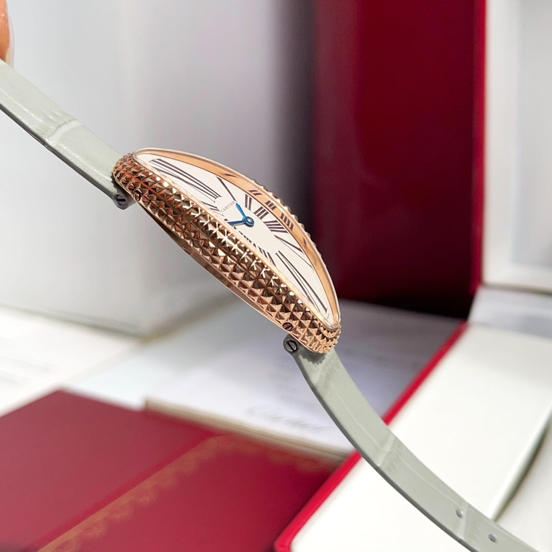 BAIGNOIRE ALLONG¨¦E WATCH ROSE GOLD CASE WITH ASH GRAY LEATHER STRAP