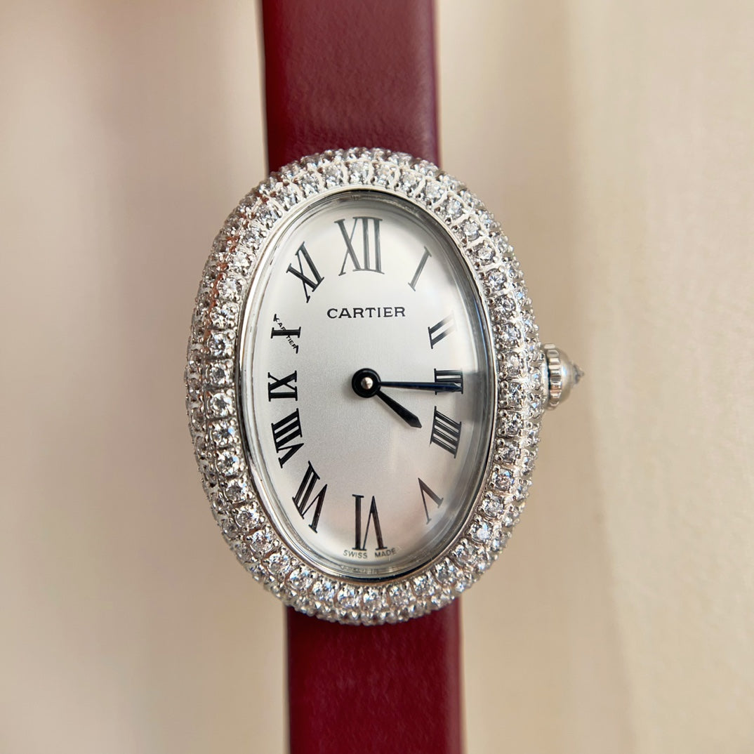 BAIGNOIRE WATCH SILVER CASE WITH CRYSTALS AND JAM RED LEATHER