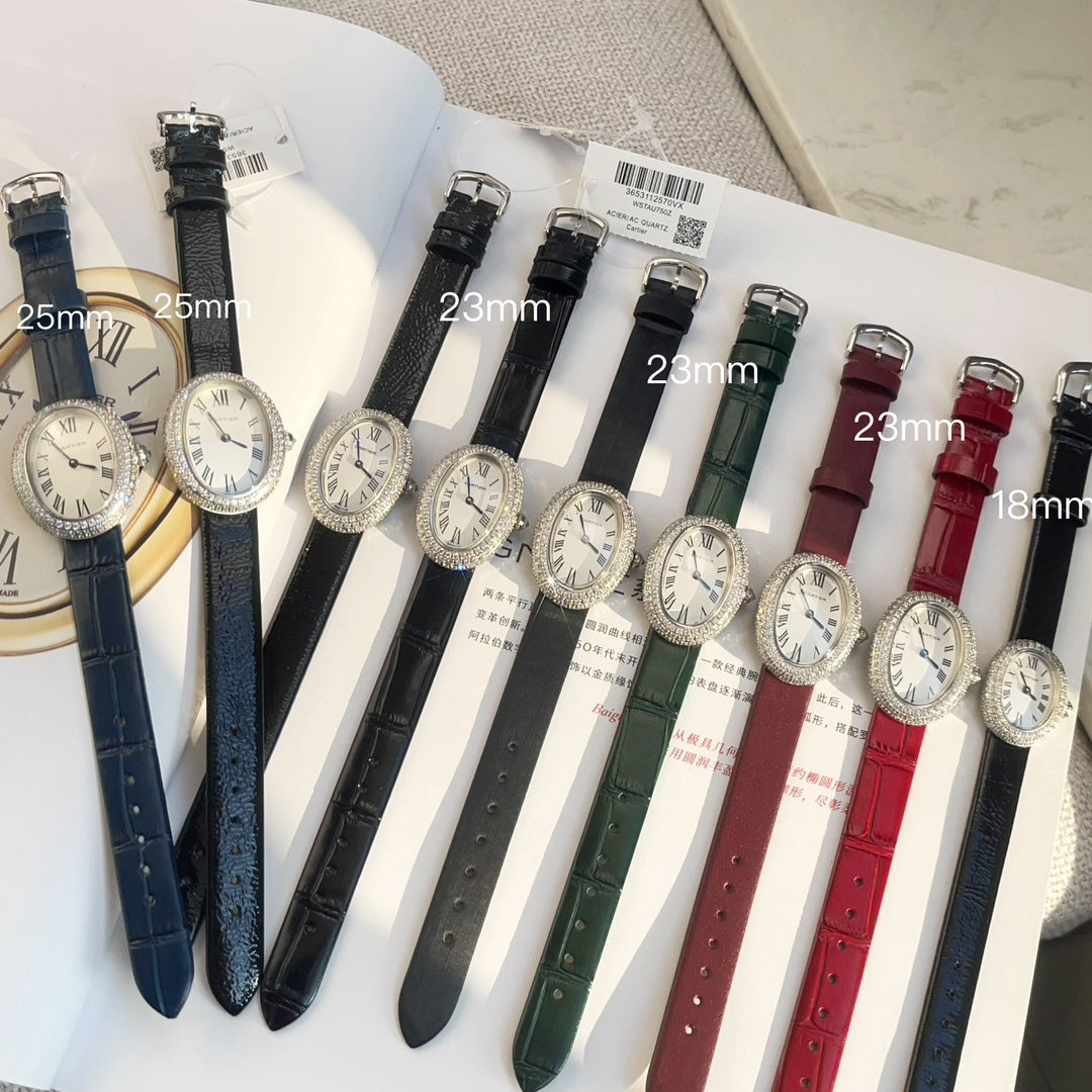 BAIGNOIRE WATCH SILVER CASE WITH CRYSTALS AND JAM RED LEATHER