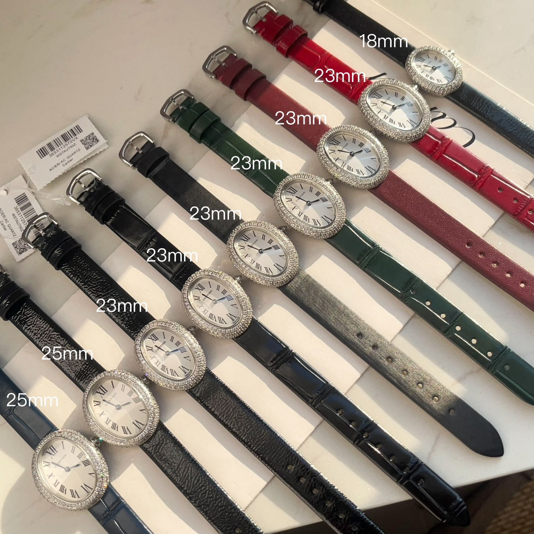 BAIGNOIRE WATCH SILVER CASE WITH CRYSTALS AND JAM RED LEATHER