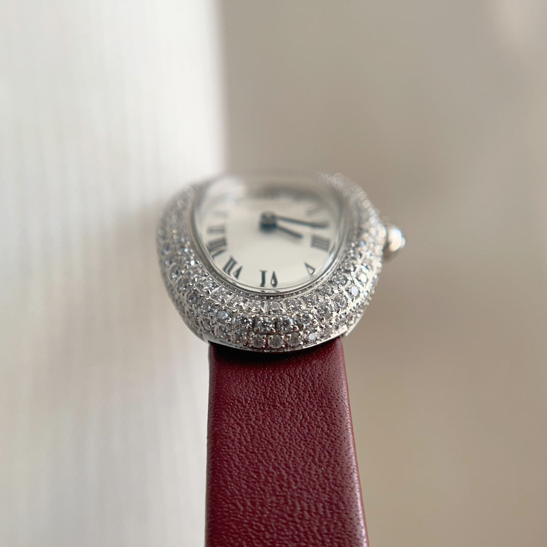 BAIGNOIRE WATCH SILVER CASE WITH CRYSTALS AND JAM RED LEATHER