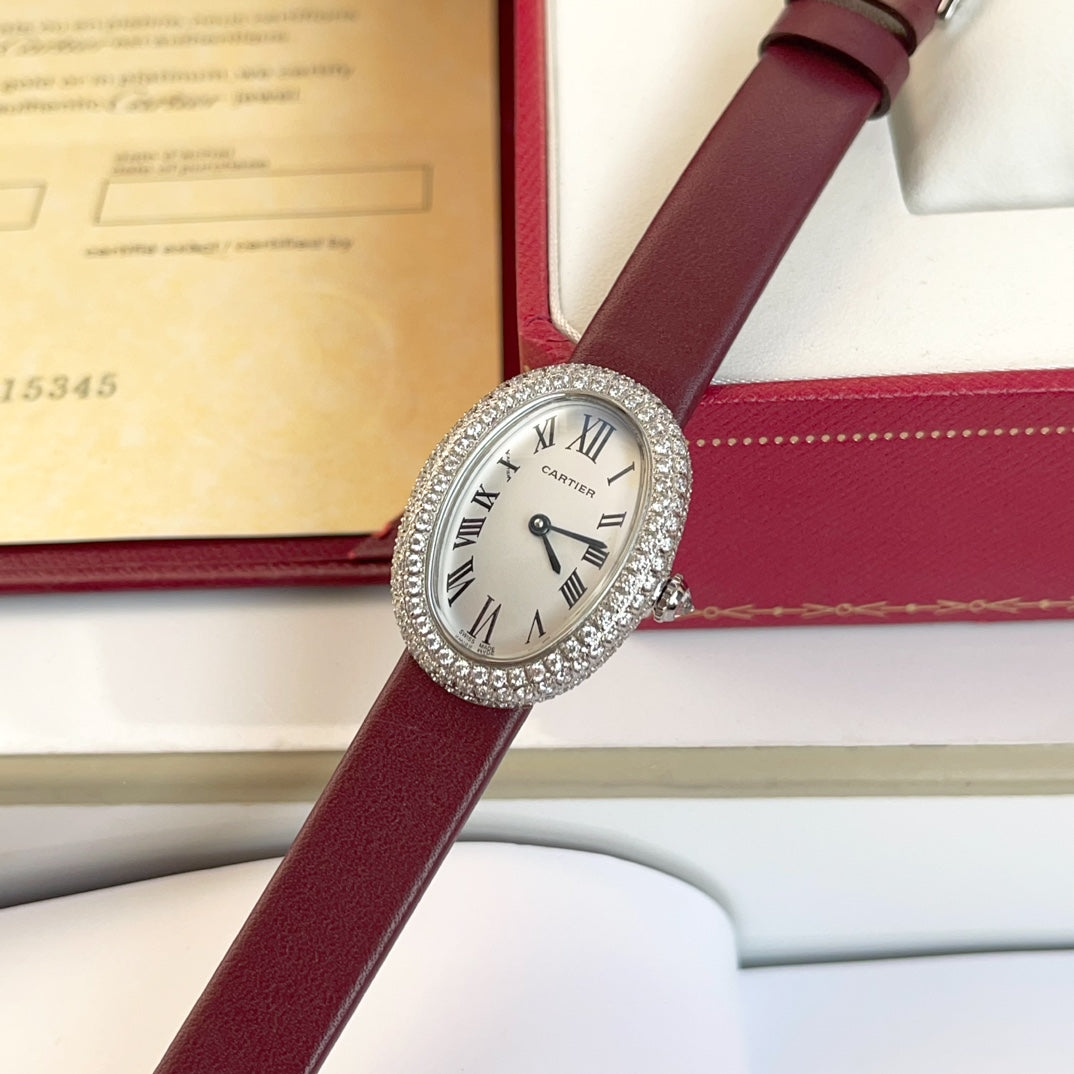 BAIGNOIRE WATCH SILVER CASE WITH CRYSTALS AND JAM RED LEATHER