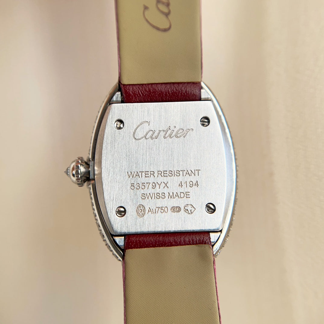 BAIGNOIRE WATCH SILVER CASE WITH CRYSTALS AND JAM RED LEATHER