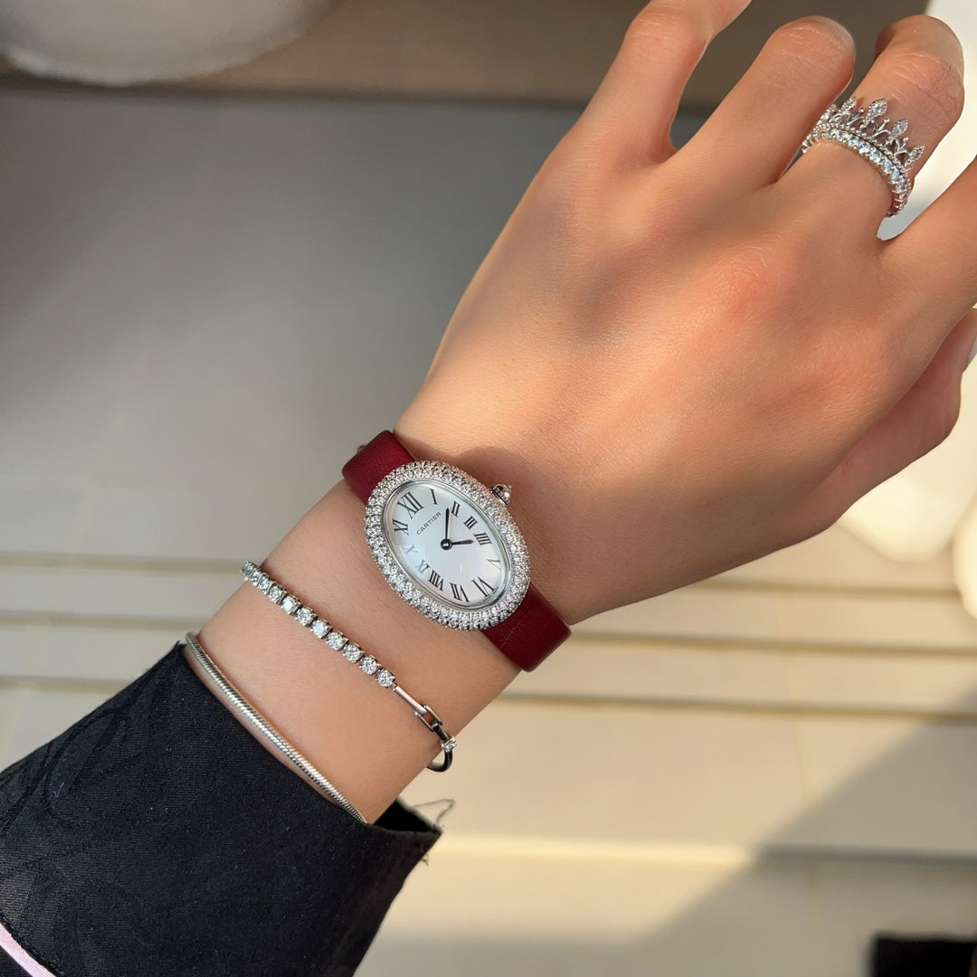 BAIGNOIRE WATCH SILVER CASE WITH CRYSTALS AND JAM RED LEATHER