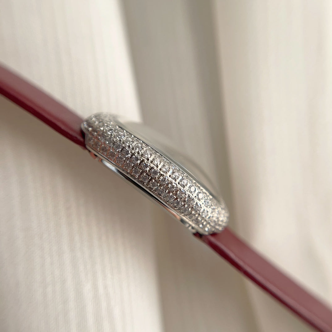 BAIGNOIRE WATCH SILVER CASE WITH CRYSTALS AND JAM RED LEATHER