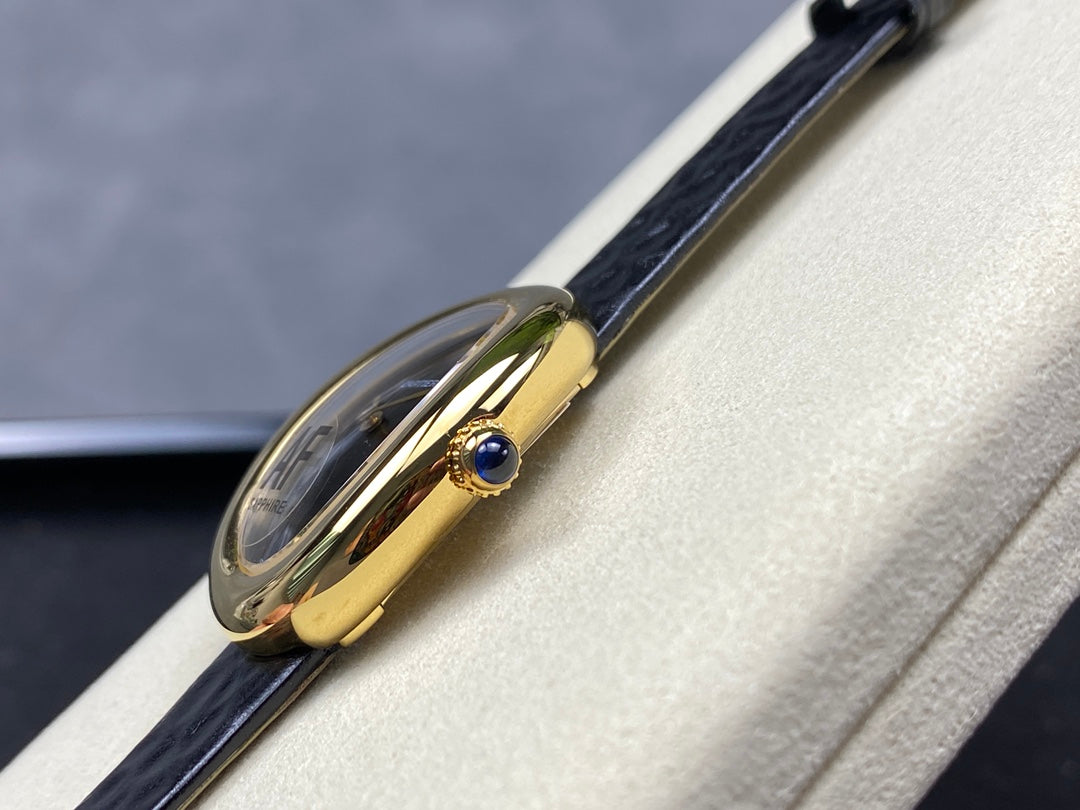 BAIGNOIRE MINI MODEL WATCH GOLD CASE WITH BLACK LEATHER STRAP