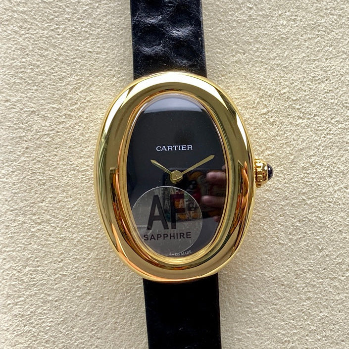 BAIGNOIRE MINI MODEL WATCH GOLD CASE WITH BLACK LEATHER STRAP